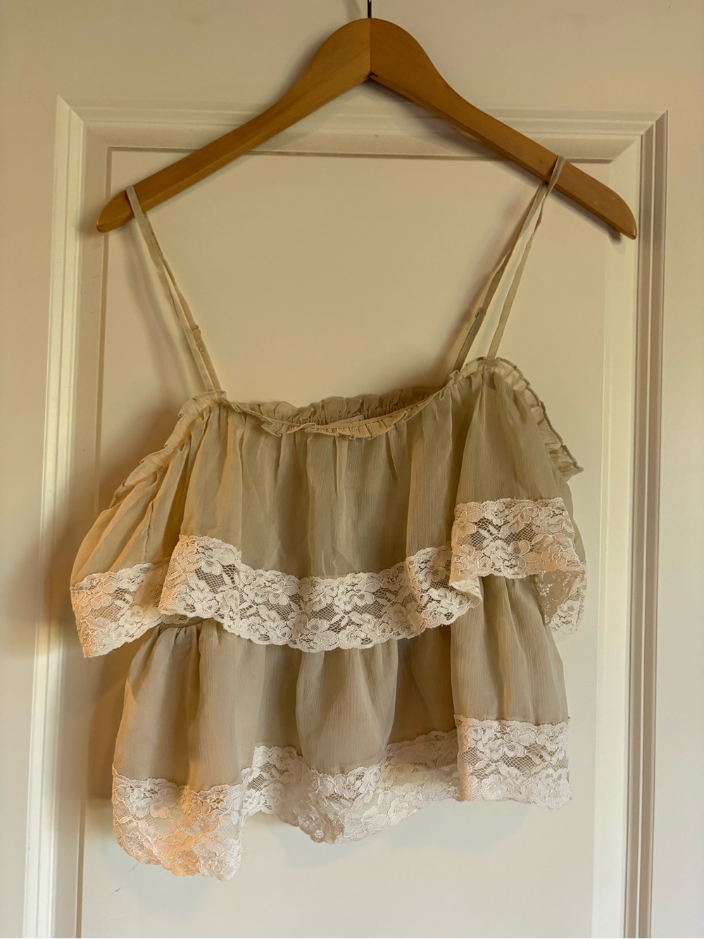 American Eagle Outfitters Cream Ruffle Lace-Trim Spaghetti Strap Top